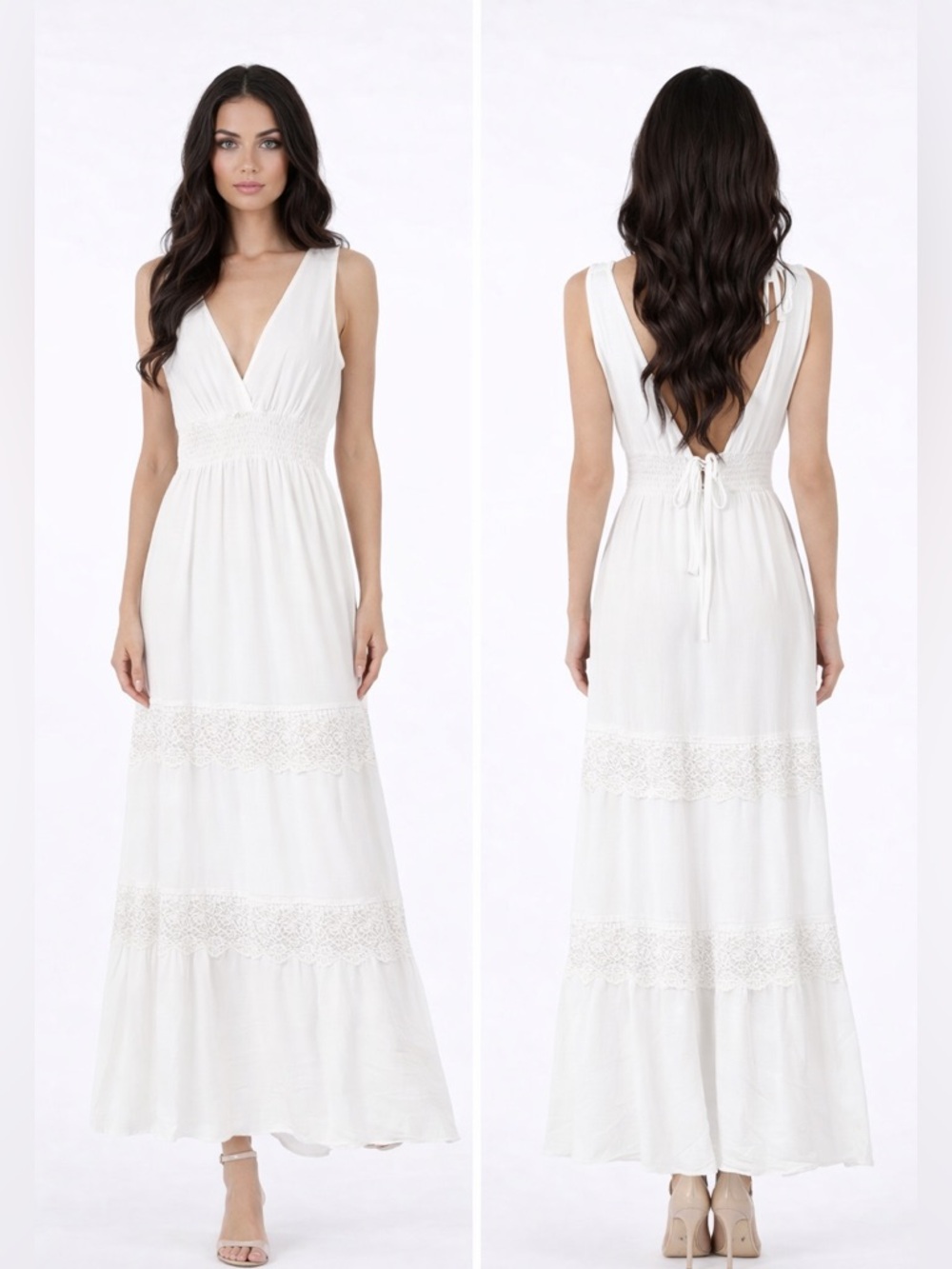 Smocked Waist White Maxi Dress with Lace Panels